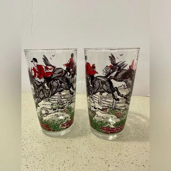 Awesome 1950s MCM Set of 13 Hazel Atlas Equestrian / Hunting Scene Bar Glass Set